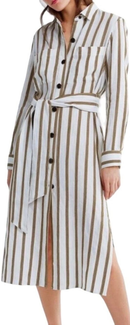 Zara Linen Midi Shirt Dress Striped Side Slit Button Down Collar Brown White L